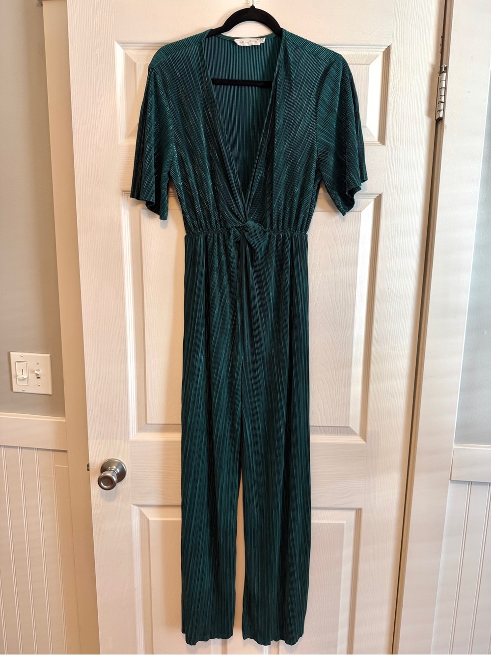 All in Favor Teal Pleated V-Neck Knot-Waist Jumpsuit